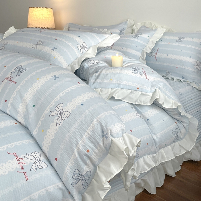 91家纺网 家纺一手货源 找家纺 同田家纺 2026新款云感双层纱花边床盖四件套 床盖-梦幻蓝