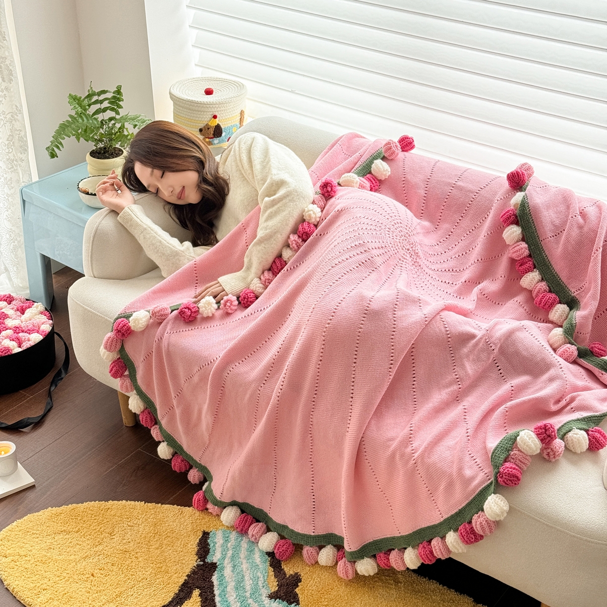 91家纺网 家纺一手货源 找家纺 丹本家纺 2026新款送礼神器网红直播热款玫瑰花束毯多功能毛毯盖毯 永绽花束-粉雾渐变