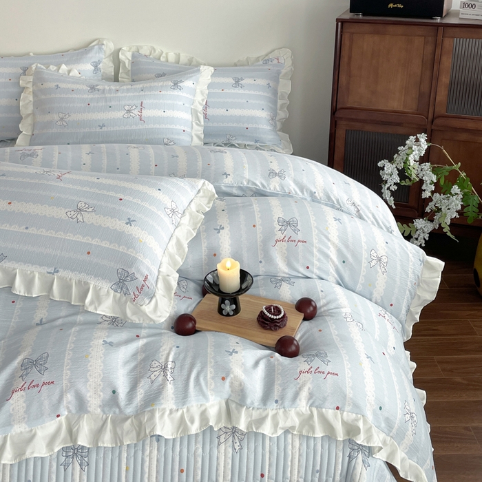 91家纺网 家纺一手货源 找家纺 同田家纺 2026新款云感双层纱花边床盖四件套 床盖-梦幻蓝