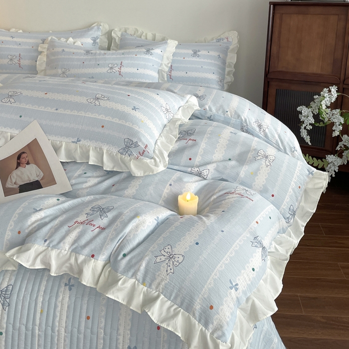 91家纺网 家纺一手货源 找家纺 同田家纺 2026新款云感双层纱花边床盖四件套 床盖-梦幻蓝