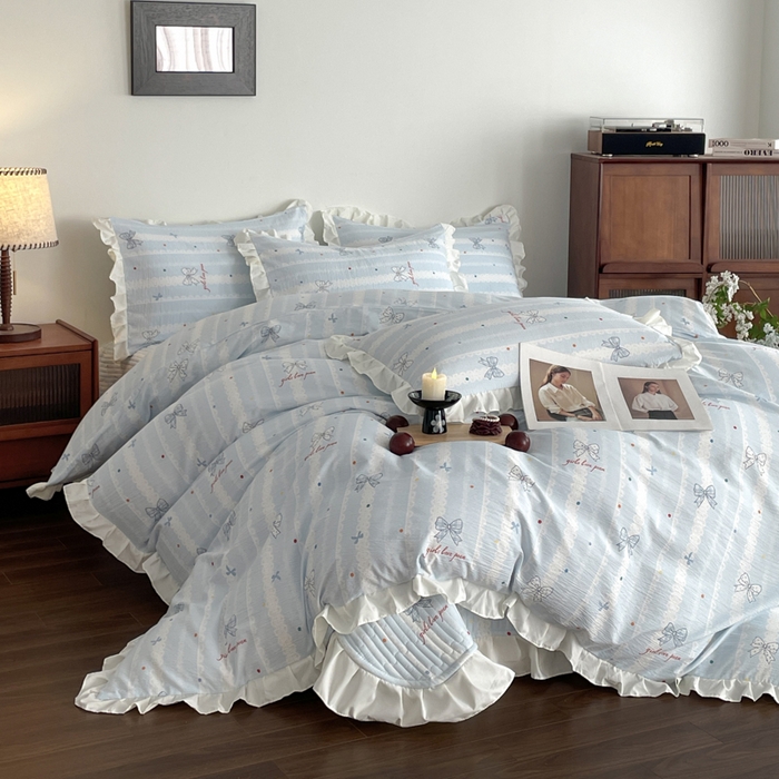 91家纺网 家纺一手货源 找家纺 同田家纺 2026新款云感双层纱花边床盖四件套 床盖-梦幻蓝