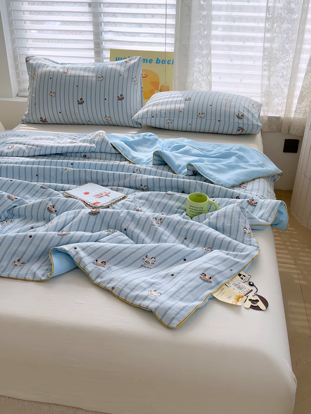 91家纺网 家纺一手货源 找家纺 桔禾家纺 2026水洗皱皱纱夏被  蓝纹木马星