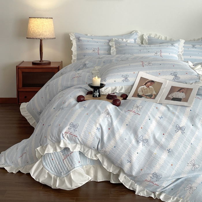 91家纺网 家纺一手货源 找家纺 同田家纺 2026新款云感双层纱花边床盖四件套 床盖-梦幻蓝