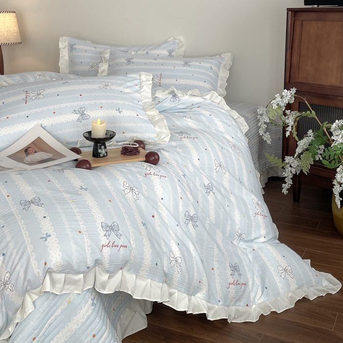 91家纺网 家纺一手货源 找家纺 同田家纺 2026新款云感双层纱花边床盖四件套 床盖-梦幻蓝