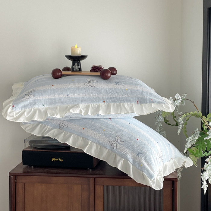 91家纺网 家纺一手货源 找家纺 同田家纺 2026新款云感双层纱花边床盖四件套 床盖-梦幻蓝