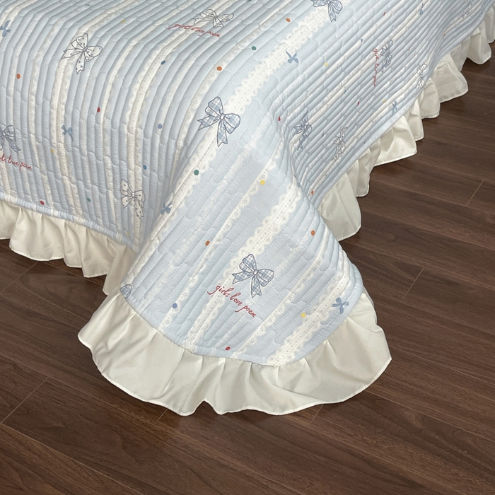 91家纺网 家纺一手货源 找家纺 同田家纺 2026新款云感双层纱花边床盖四件套 床盖-梦幻蓝