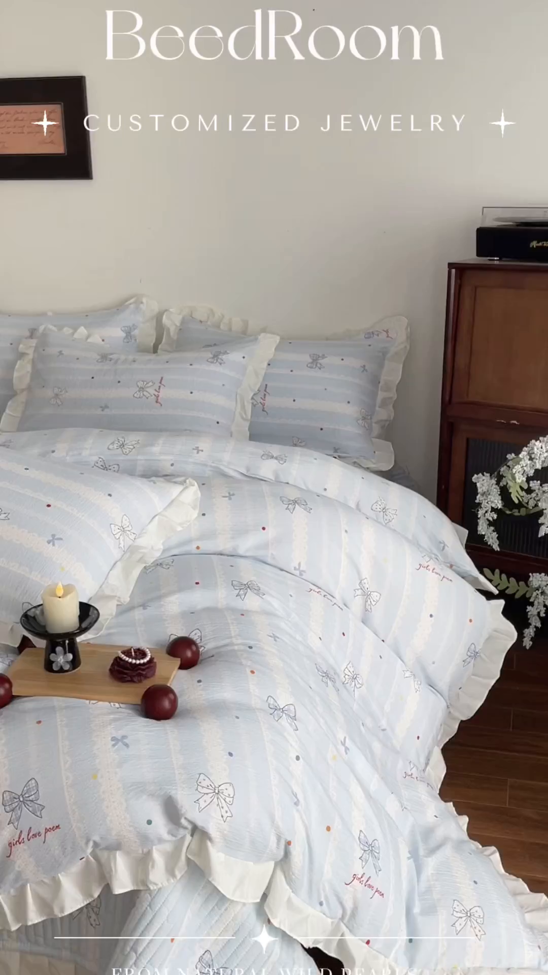 91家纺网 家纺一手货源 找家纺 同田家纺 2026新款云感双层纱花边床盖四件套 床盖-梦幻蓝