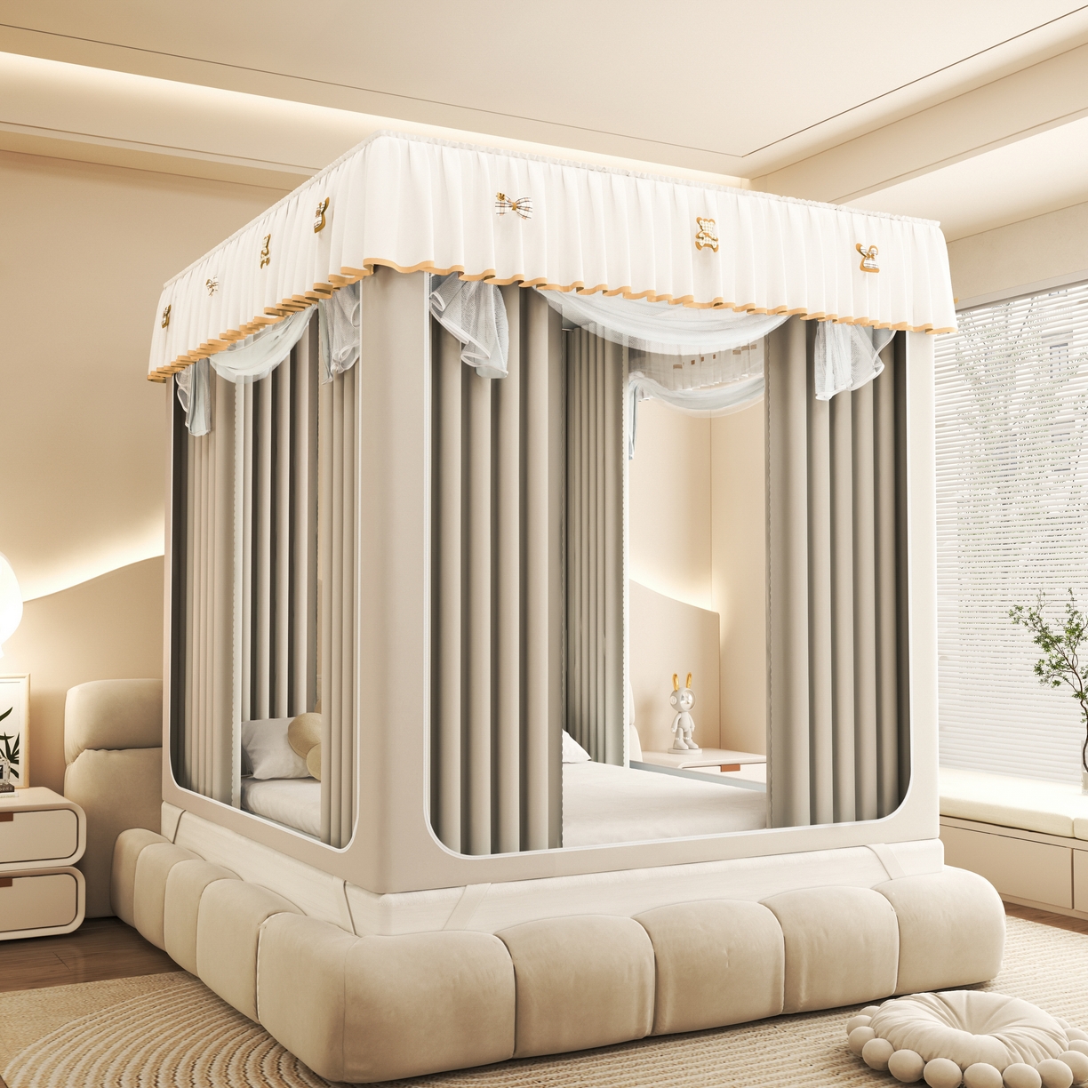 初心家纺 2026新款时尚ins拉链式防摔坐床 床帘款遮光蚊帐 浅灰（带帘）