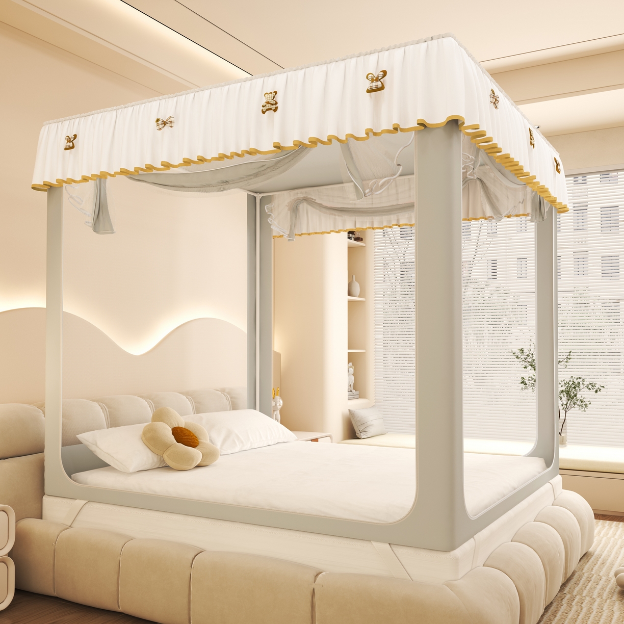 91家纺网 家纺一手货源 找家纺 初心家纺 2026新款时尚ins拉链式防摔坐床 床帘款遮光蚊帐 浅灰（带帘）