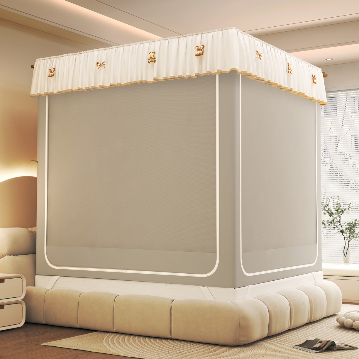 91家纺网 家纺一手货源 找家纺 初心家纺 2026新款时尚ins拉链式防摔坐床 床帘款遮光蚊帐 浅灰（带帘）