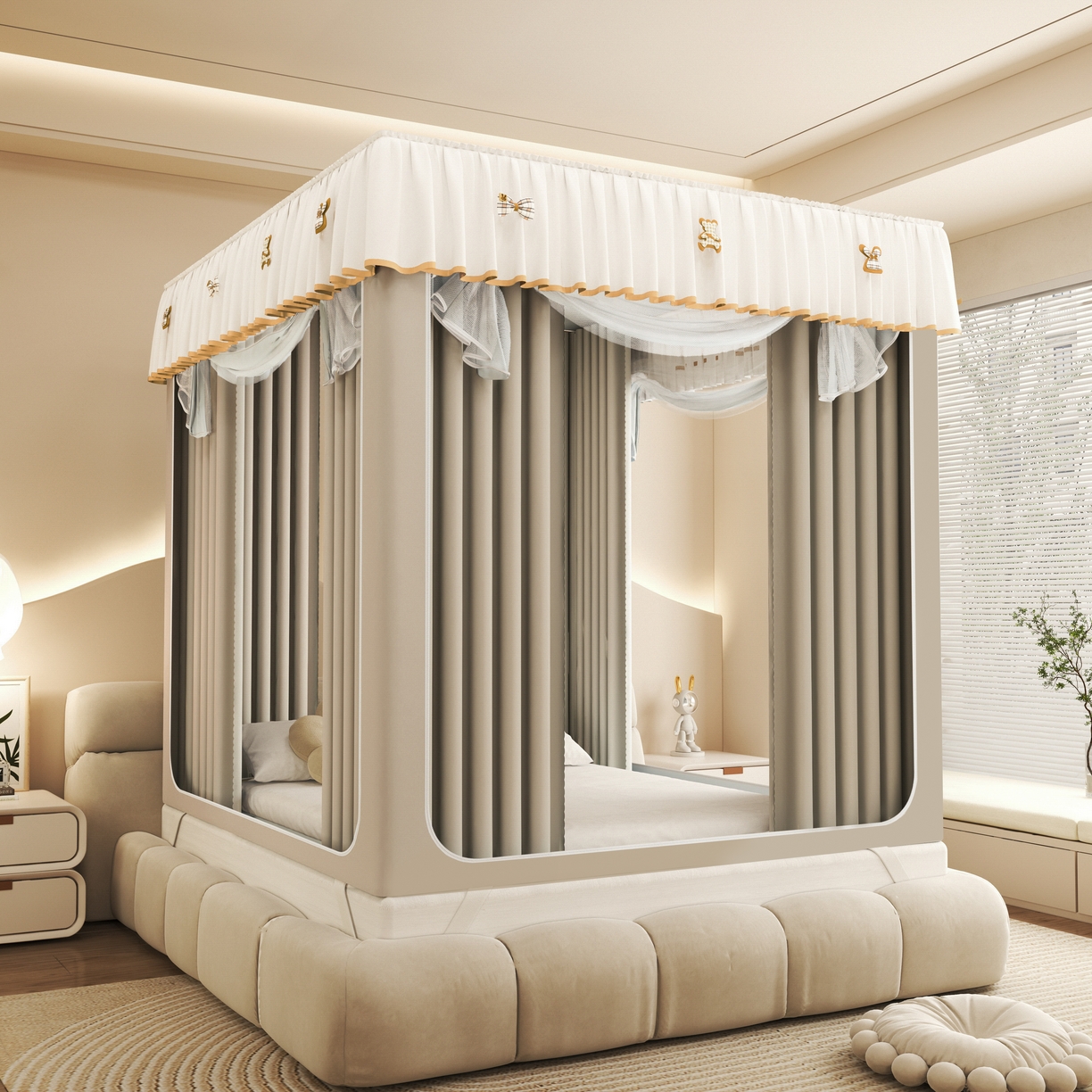 91家纺网 家纺一手货源 找家纺 初心家纺 2026新款时尚ins拉链式防摔坐床 床帘款遮光蚊帐 浅灰（带帘）