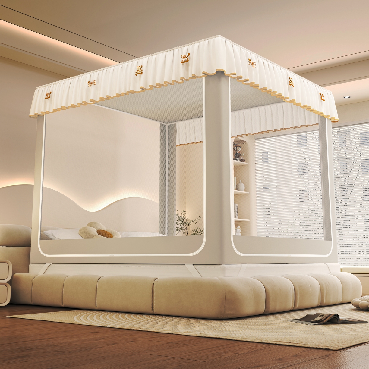 91家纺网 家纺一手货源 找家纺 初心家纺 2026新款时尚ins拉链式防摔坐床 床帘款遮光蚊帐 浅灰（无帘）