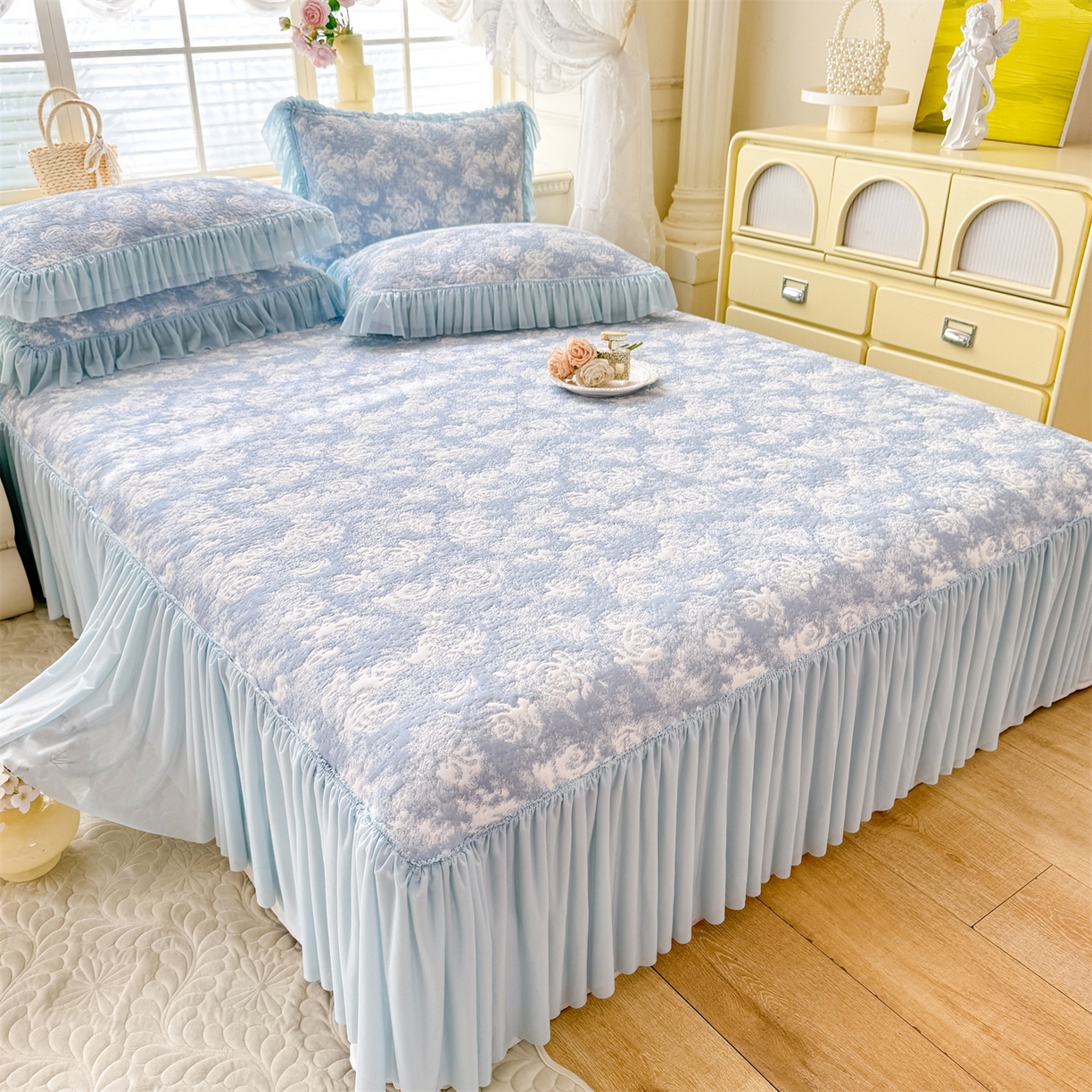 优贝家纺 2026新款高克重PE聚乙中分子提花刺绣法式花边凉感软席 雾花-天蓝
