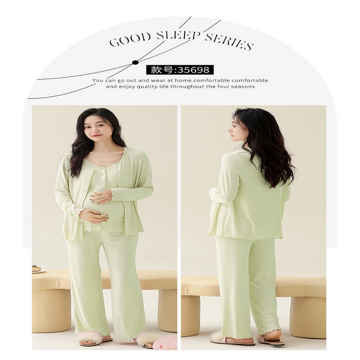 91家纺网 家纺一手货源 找家纺 （总）洛兰沙家居馆 春夏新款带胸垫莫代尔月子服孕妇透气哺乳纯色甜美睡衣三件