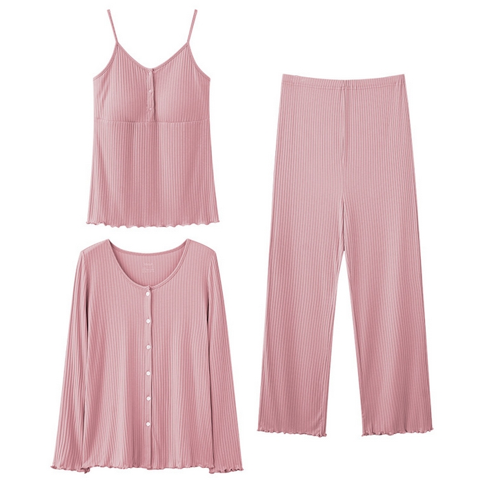 91家纺网 家纺一手货源 找家纺 （总）洛兰沙家居馆 春夏新款带胸垫莫代尔月子服孕妇透气哺乳纯色甜美睡衣三件