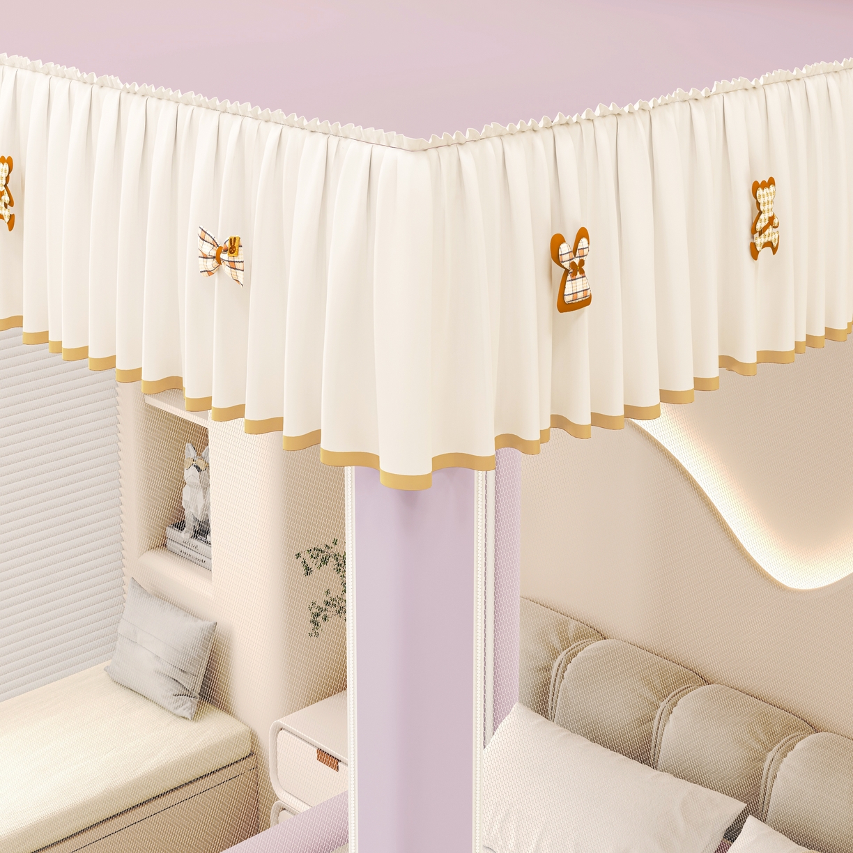 91家纺网 家纺一手货源 找家纺 初心家纺 2026新款时尚ins拉链式防摔坐床 床帘款遮光蚊帐 浅紫（无帘）