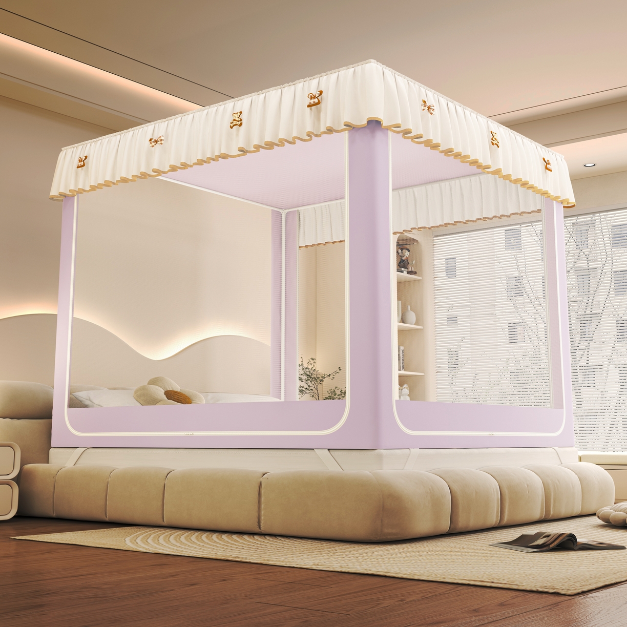 91家纺网 家纺一手货源 找家纺 初心家纺 2026新款时尚ins拉链式防摔坐床 床帘款遮光蚊帐 紫色（带帘）