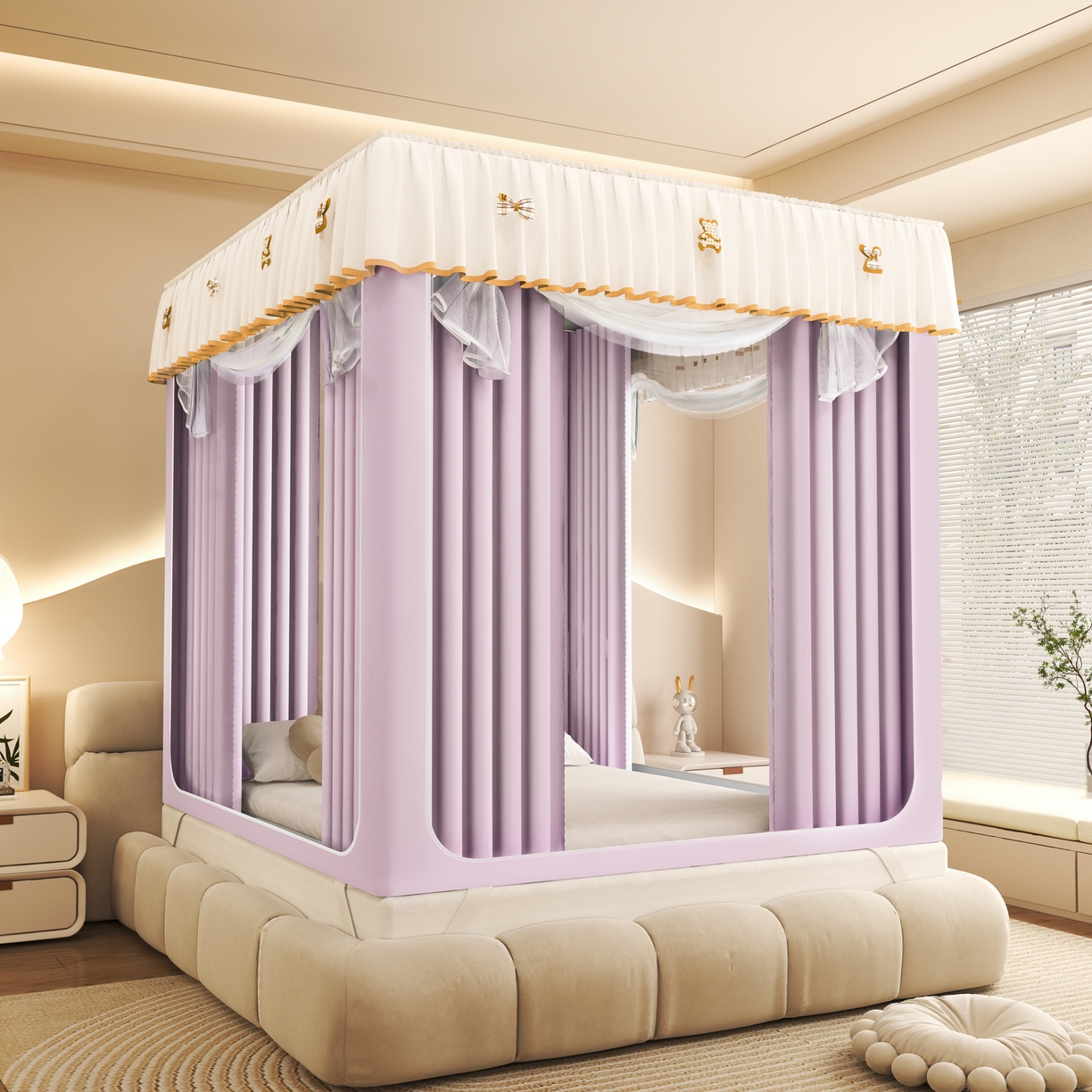 91家纺网 家纺一手货源 找家纺 初心家纺 2026新款时尚ins拉链式防摔坐床 床帘款遮光蚊帐 紫色（带帘）