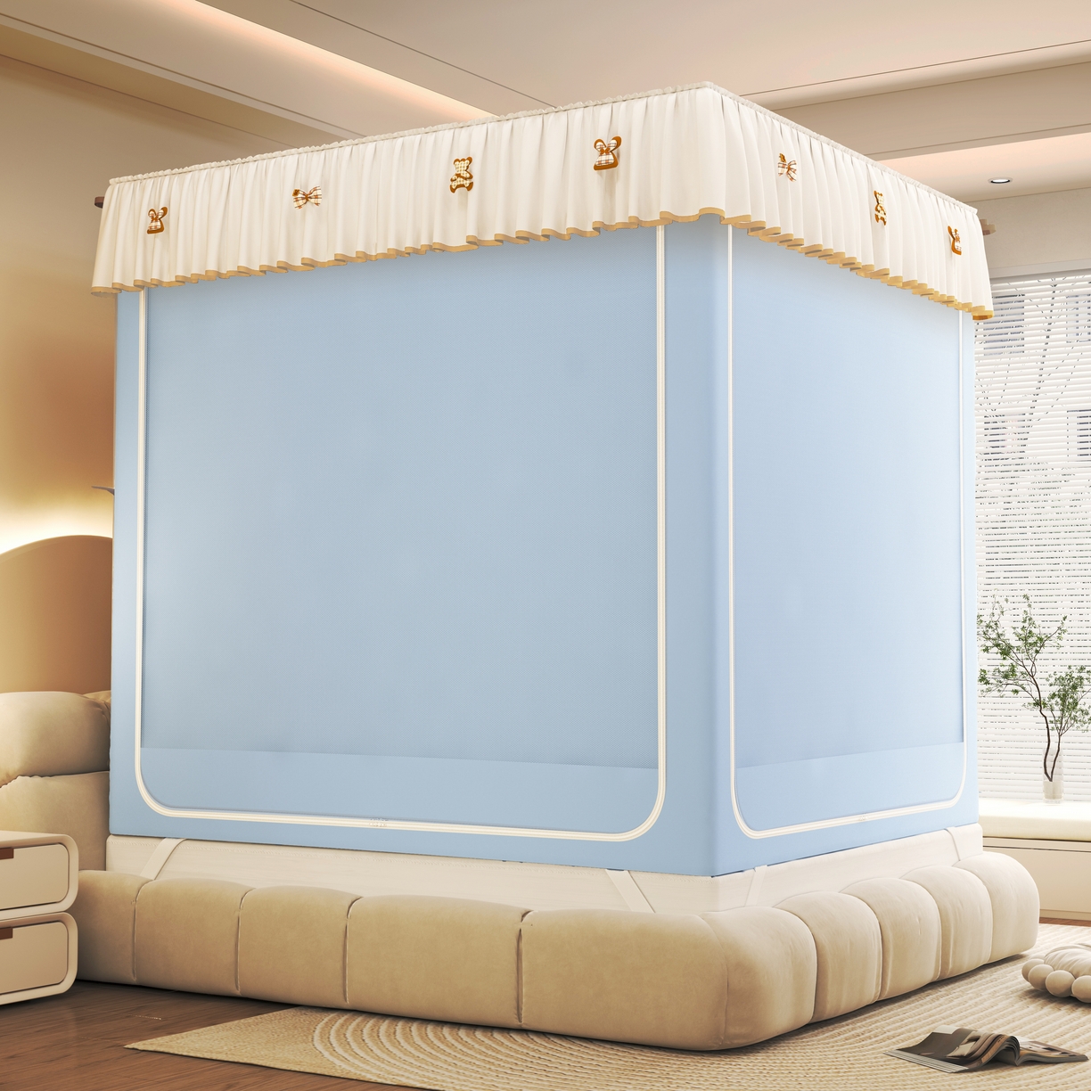 91家纺网 家纺一手货源 找家纺 初心家纺 2026新款时尚ins拉链式防摔坐床 床帘款遮光蚊帐 天蓝（带帘）