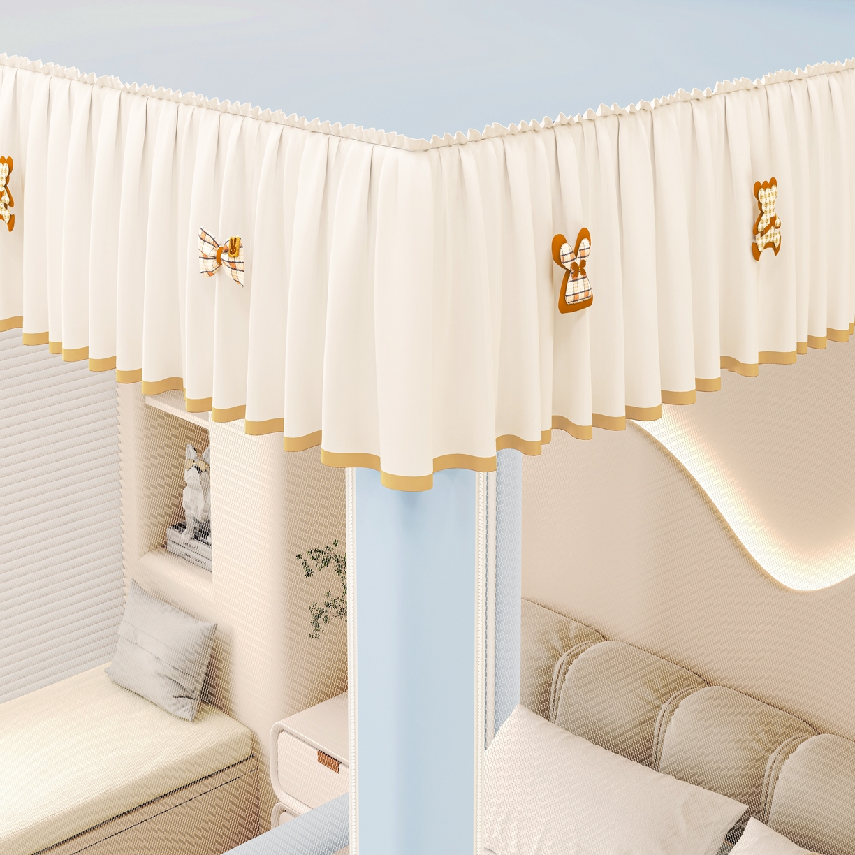 91家纺网 家纺一手货源 找家纺 初心家纺 2026新款时尚ins拉链式防摔坐床 床帘款遮光蚊帐 天蓝（带帘）