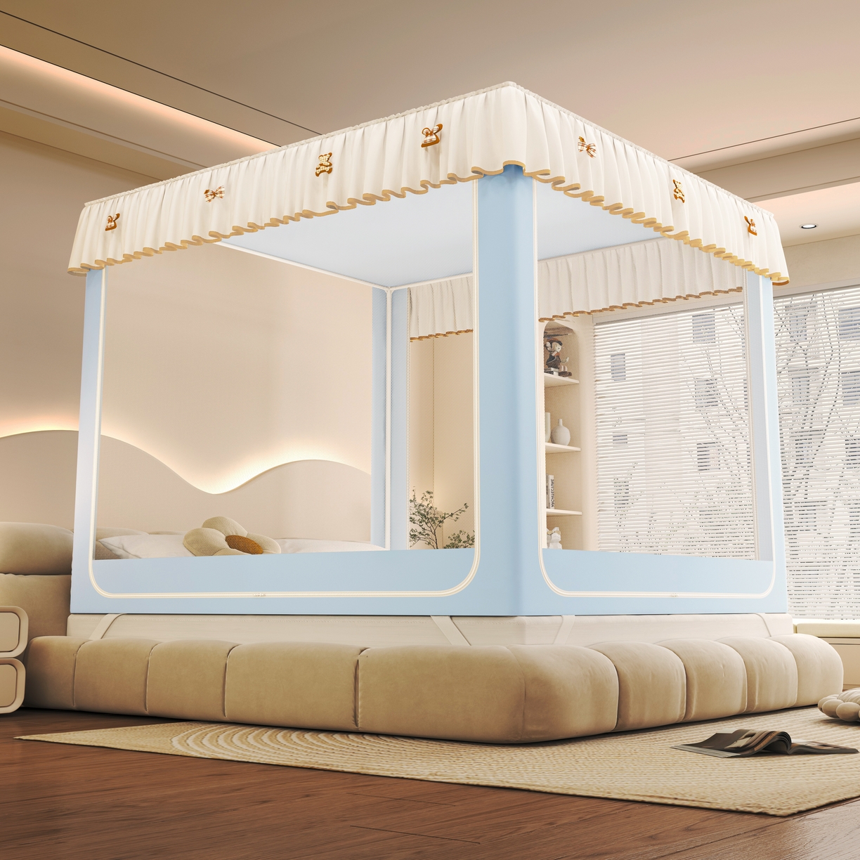 91家纺网 家纺一手货源 找家纺 初心家纺 2026新款时尚ins拉链式防摔坐床 床帘款遮光蚊帐 天蓝（带帘）