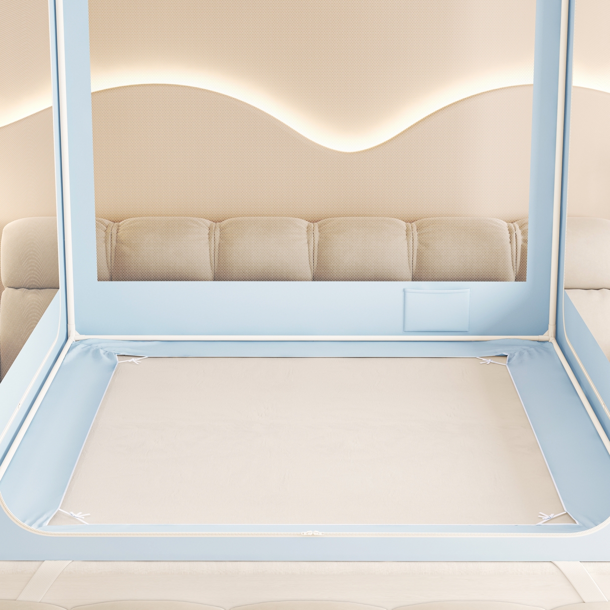 91家纺网 家纺一手货源 找家纺 初心家纺 2026新款时尚ins拉链式防摔坐床 床帘款遮光蚊帐 天蓝（带帘）