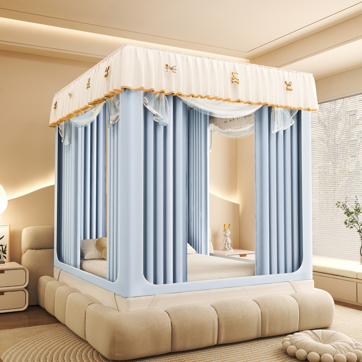 初心家纺 2026新款时尚ins拉链式防摔坐床 床帘款遮光蚊帐 天蓝（带帘）