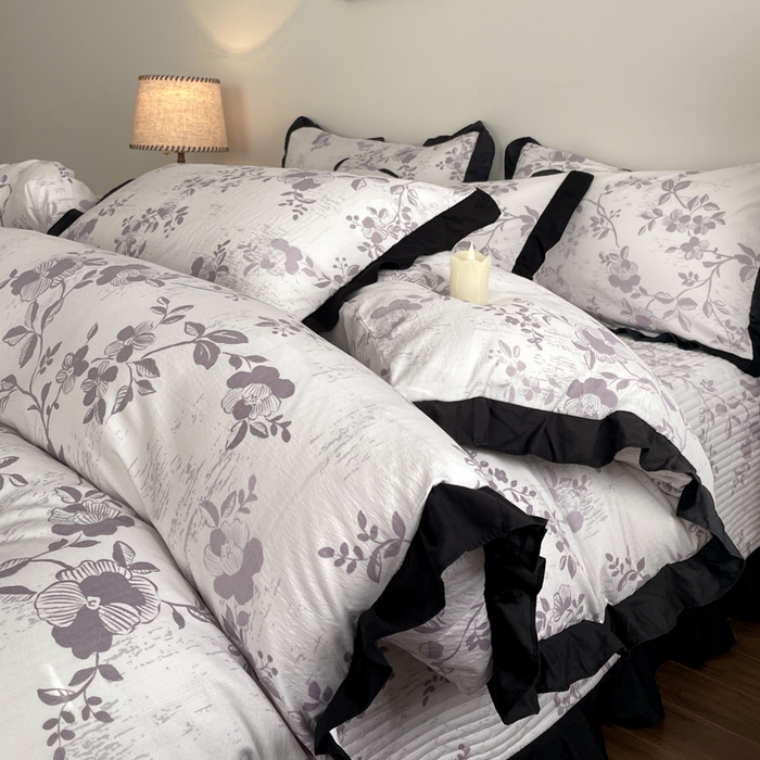 91家纺网 家纺一手货源 找家纺 同田家纺 2026新款云感双层纱花边床盖四件套 床盖-紫影花