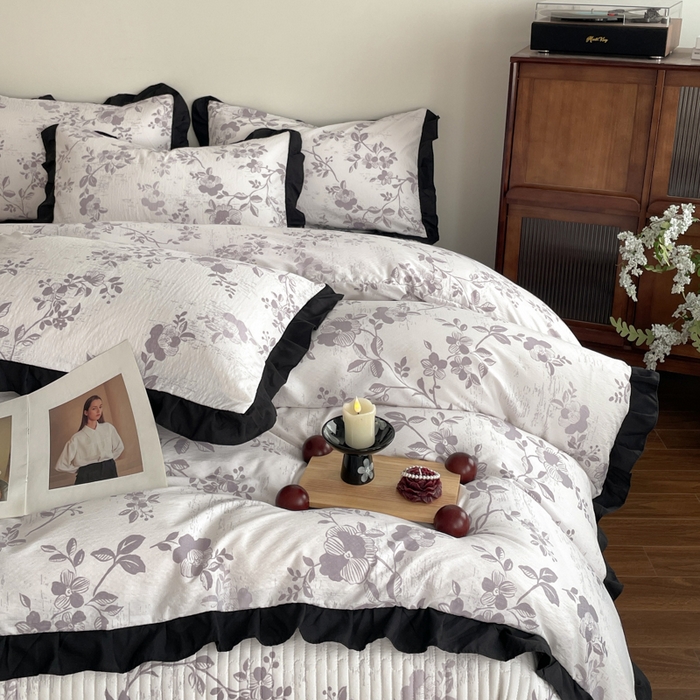 91家纺网 家纺一手货源 找家纺 同田家纺 2026新款云感双层纱花边床盖四件套 床盖-紫影花