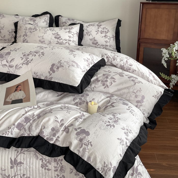 91家纺网 家纺一手货源 找家纺 同田家纺 2026新款云感双层纱花边床盖四件套 床盖-紫影花