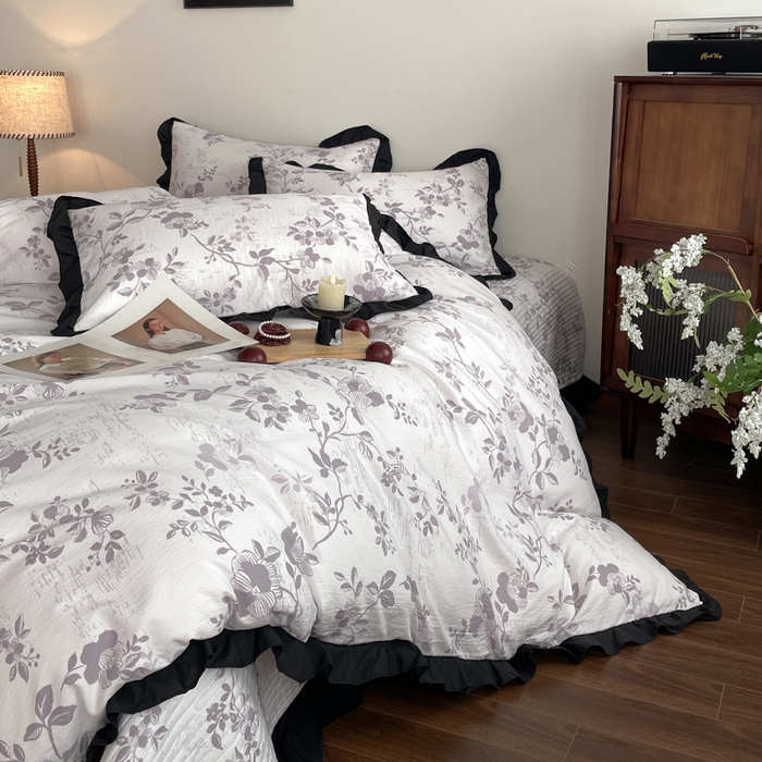 91家纺网 家纺一手货源 找家纺 同田家纺 2026新款云感双层纱花边床盖四件套 床盖-紫影花