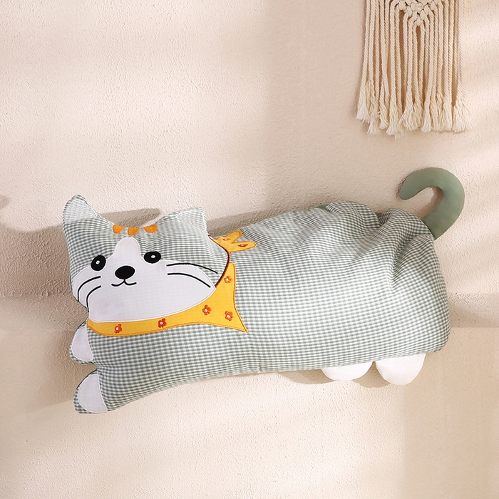 蔻眠 泡芙猫-全棉双层纱刺绣荞麦护颈枕头儿童卡通枕芯 泡芙猫-绿