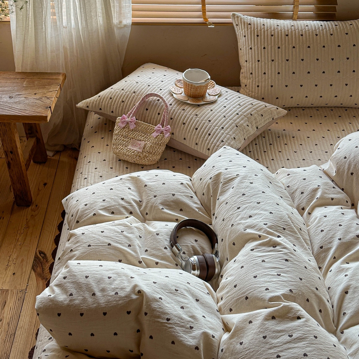 91家纺网 家纺一手货源 找家纺 孑寐家纺 2026新款亲肤舒适全棉棉麻床盖四件套 爱心律动