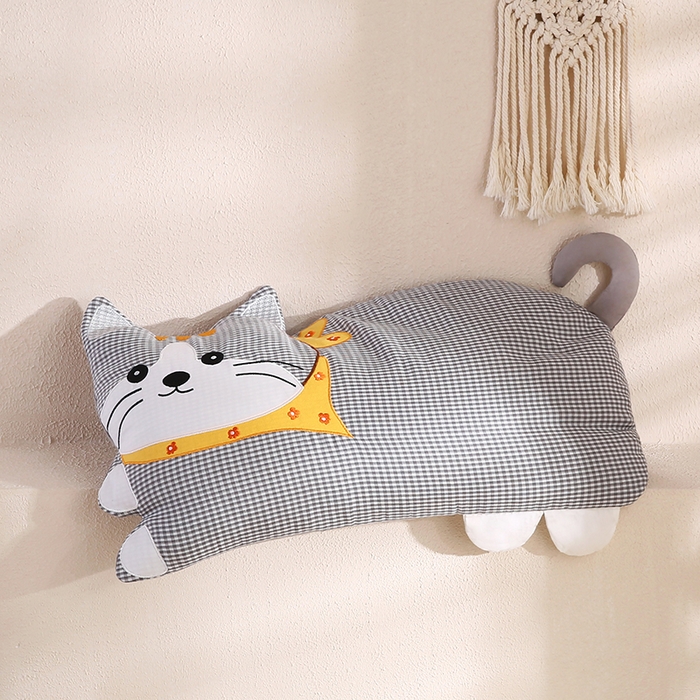 蔻眠 泡芙猫-全棉双层纱刺绣荞麦护颈枕头儿童卡通枕芯 泡芙猫-灰