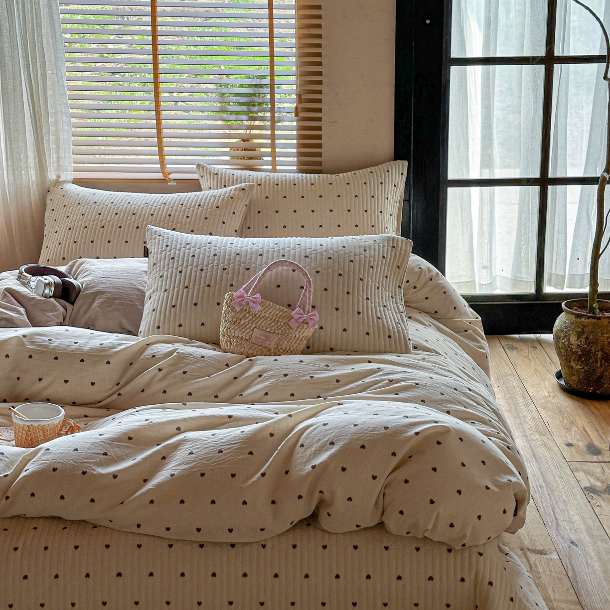 91家纺网 家纺一手货源 找家纺 孑寐家纺 2026新款亲肤舒适全棉棉麻床盖四件套 爱心律动