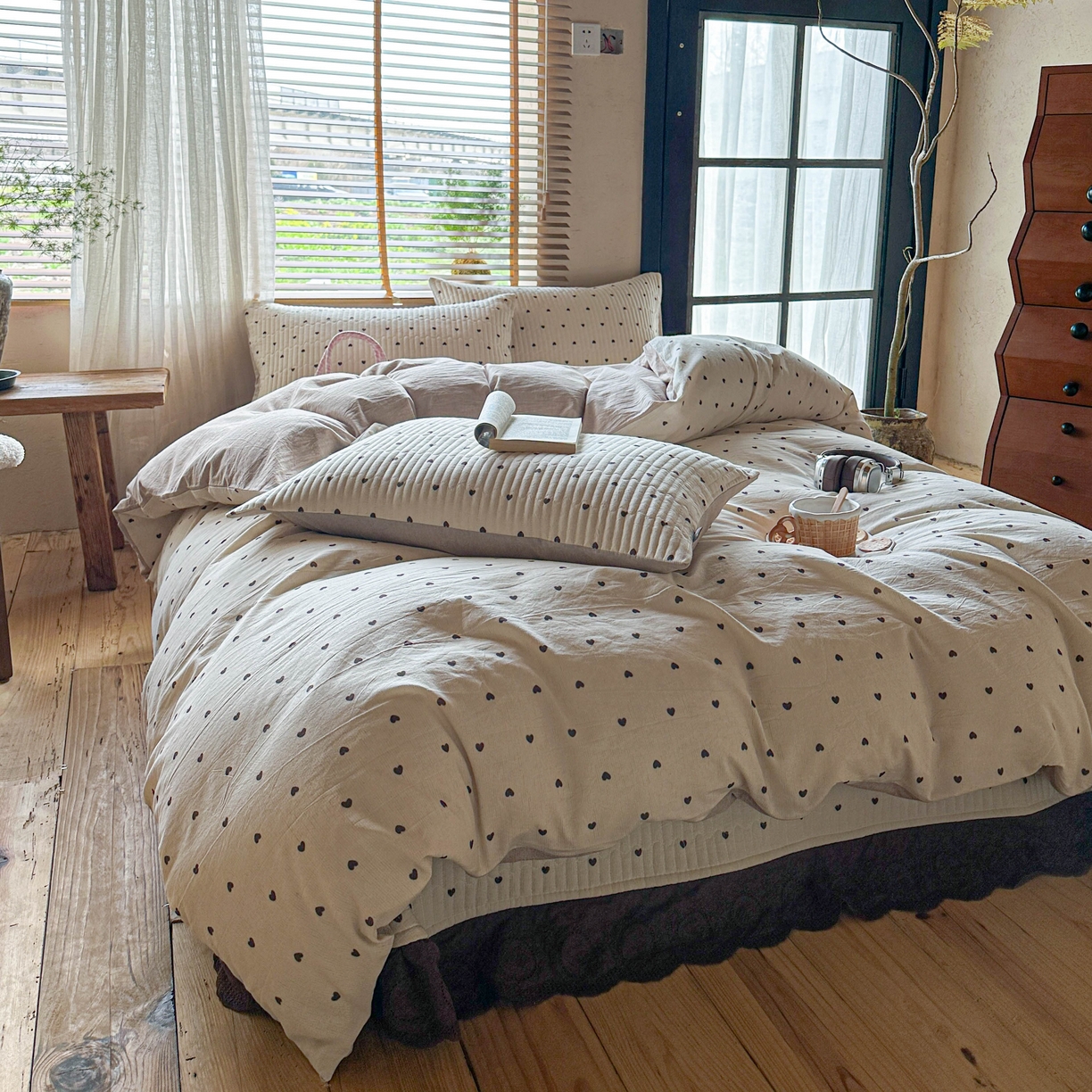 91家纺网 家纺一手货源 找家纺 孑寐家纺 2026新款亲肤舒适全棉棉麻床盖四件套 爱心律动