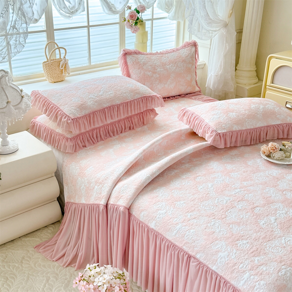 91家纺网 家纺一手货源 找家纺 绒棉世家 2026新款高克重PE聚乙中分子提花刺绣法式花边凉感软席 雾花-粉玉