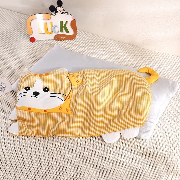 91家纺网 家纺一手货源 找家纺 蔻眠 泡芙猫-全棉双层纱刺绣荞麦护颈枕头儿童卡通枕芯 泡芙猫-黄