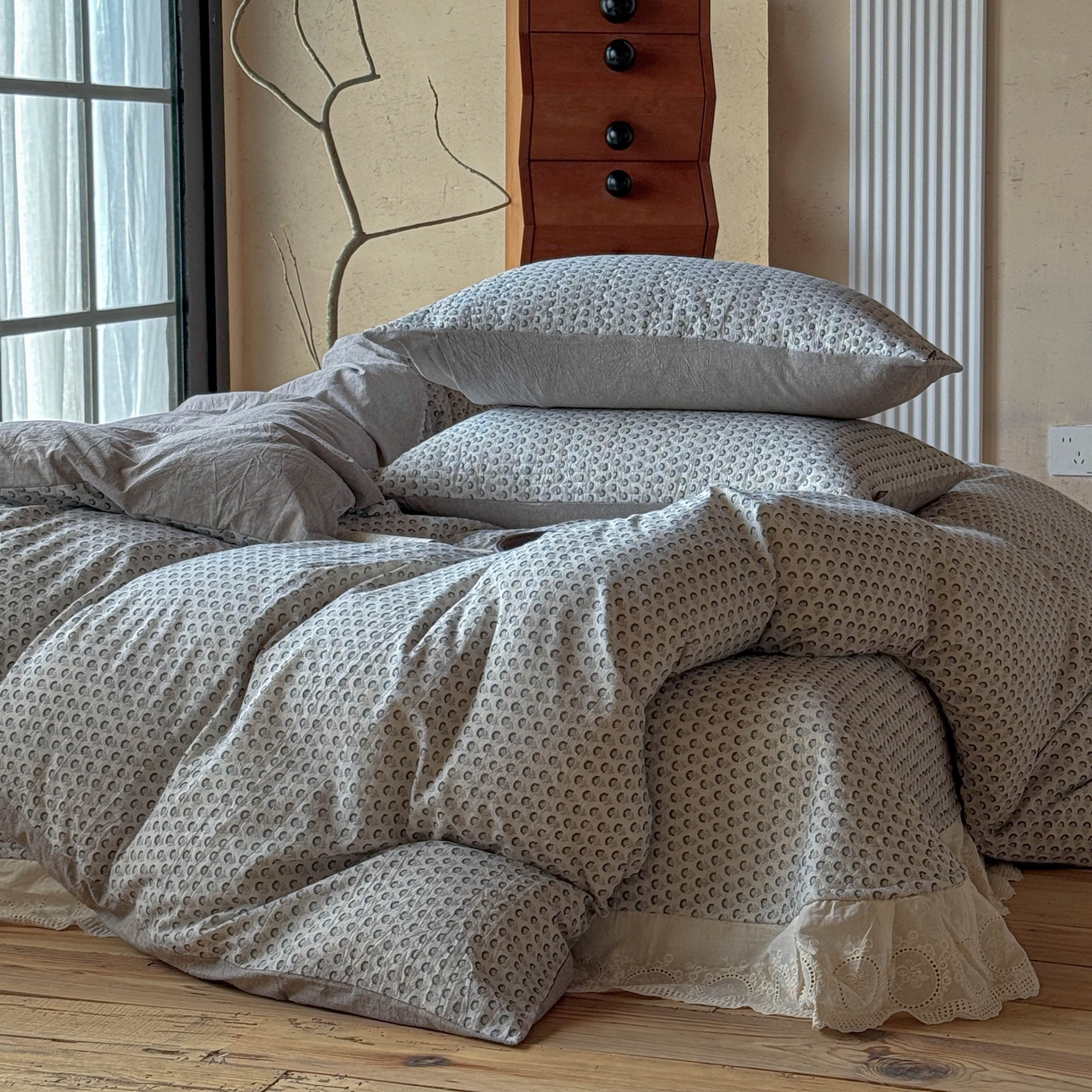 91家纺网 家纺一手货源 找家纺 孑寐家纺 2026新款亲肤舒适全棉棉麻床盖四件套 花里行间