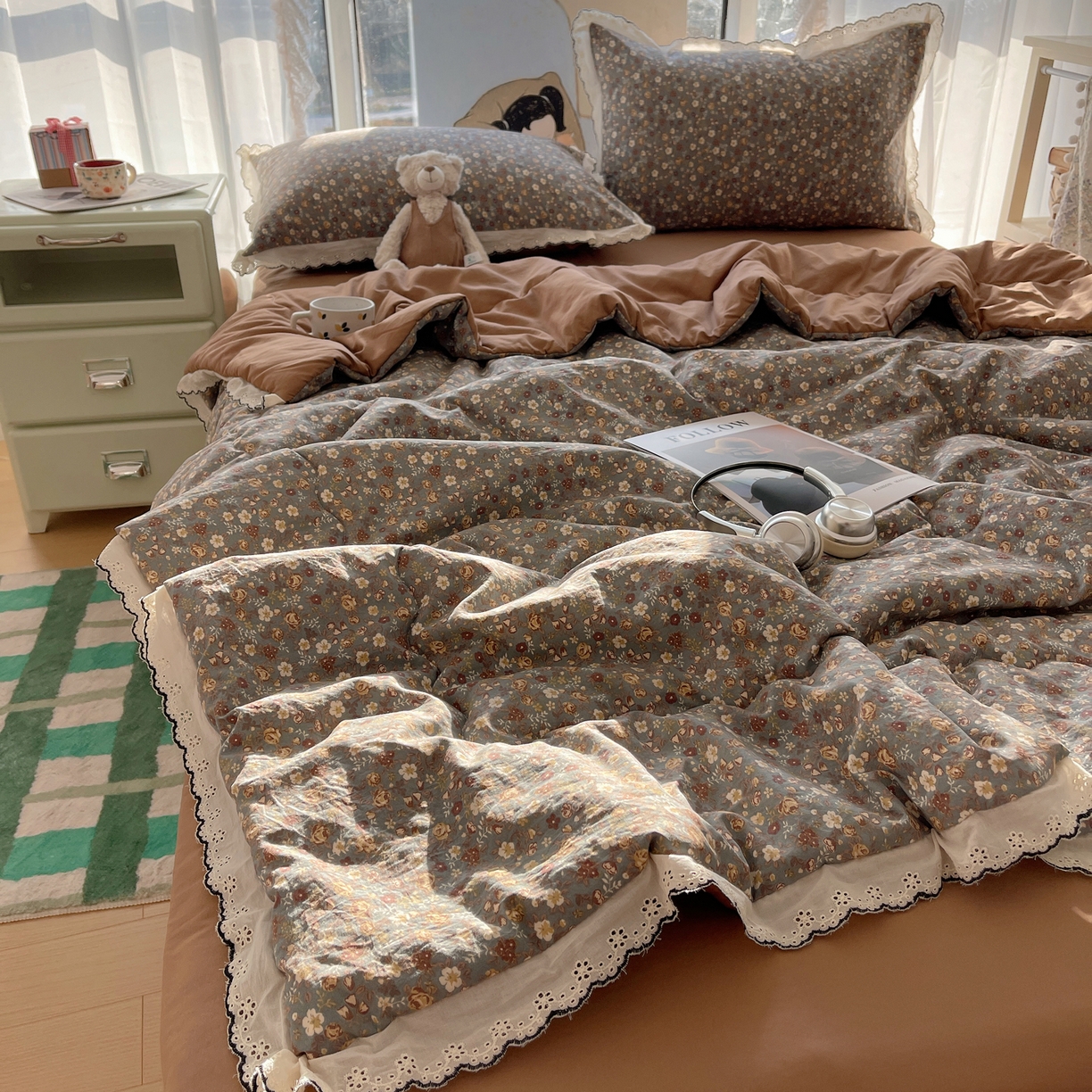 91家纺网 家纺一手货源 找家纺 宝士康家纺 2026新款10A抗菌全棉黑色花边云朵棉单夏被/夏被四件套 云朵棉-森系蔷薇