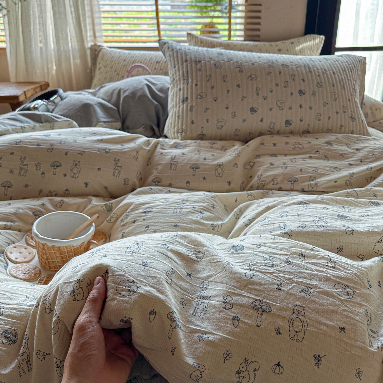 91家纺网 家纺一手货源 找家纺 孑寐家纺 2026新款亲肤舒适全棉棉麻床盖四件套 奇妙森林