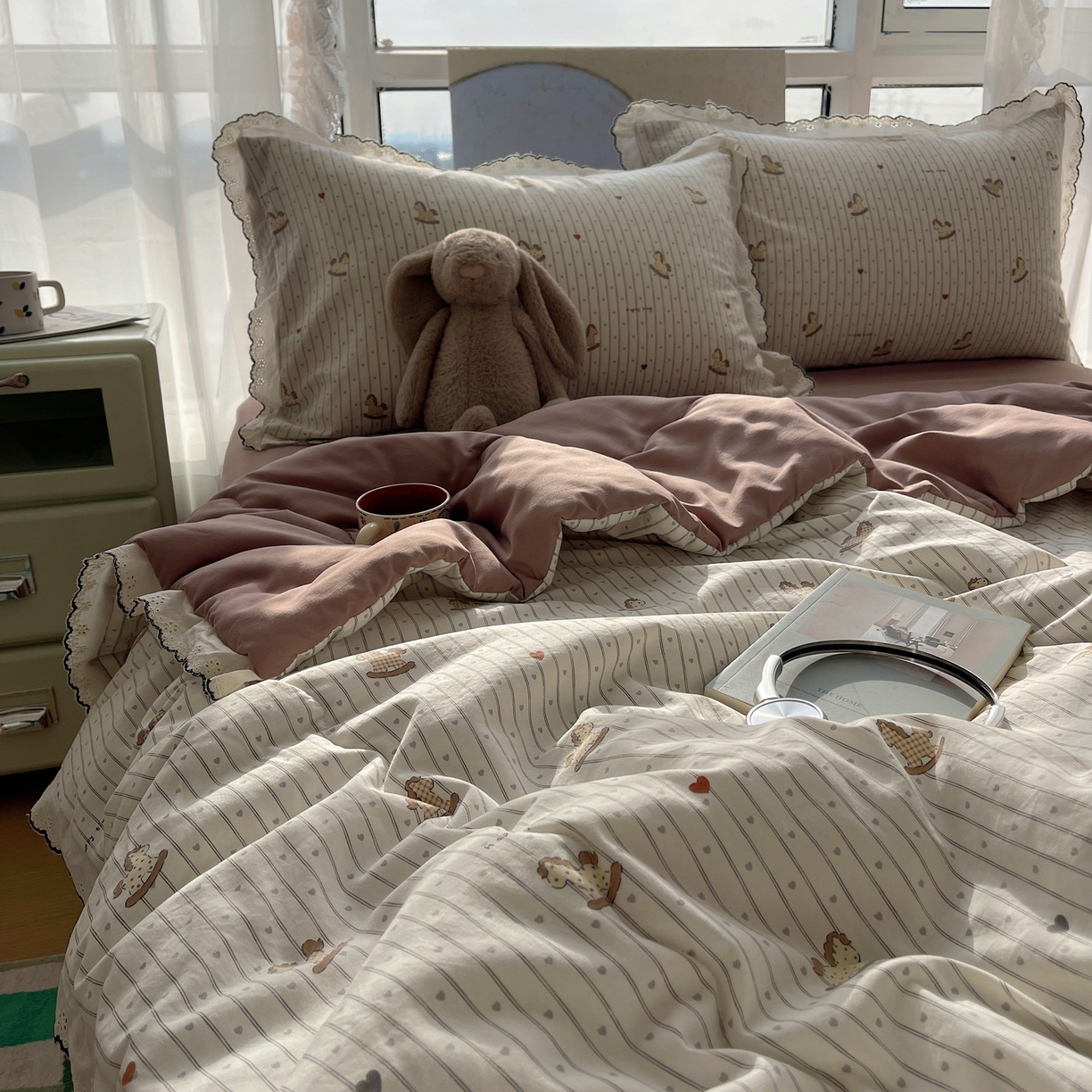 宝士康家纺 2026新款10A抗菌全棉黑色花边云朵棉单夏被/夏被四件套 云朵棉-爱心马