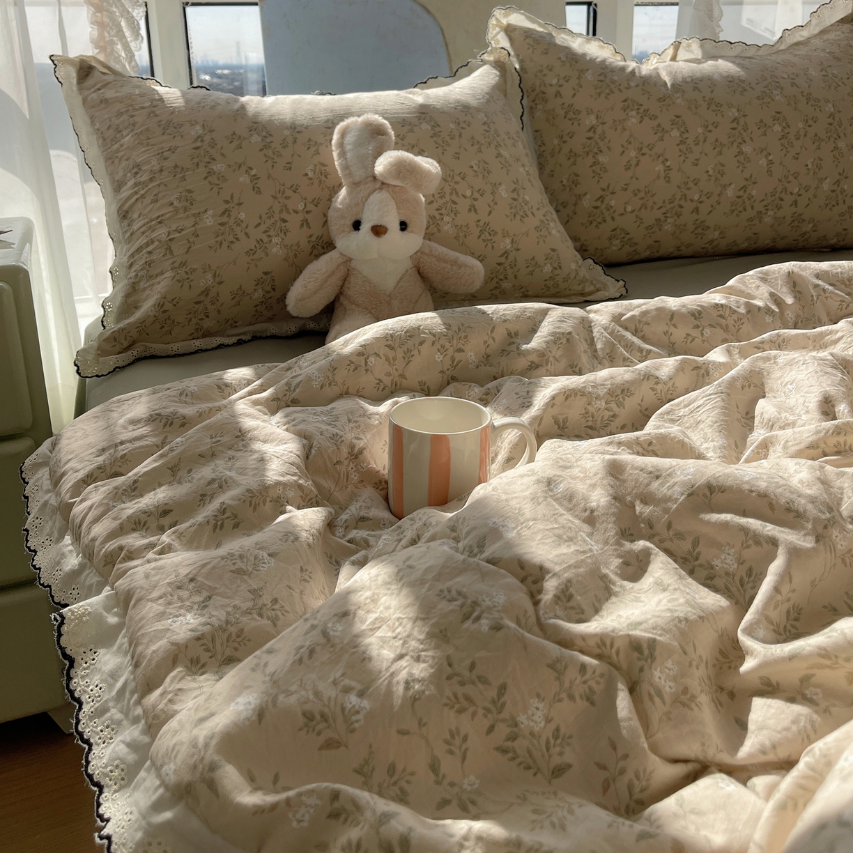 宝士康家纺 2026新款10A抗菌全棉黑色花边云朵棉单夏被/夏被四件套 云朵棉-茶花绘