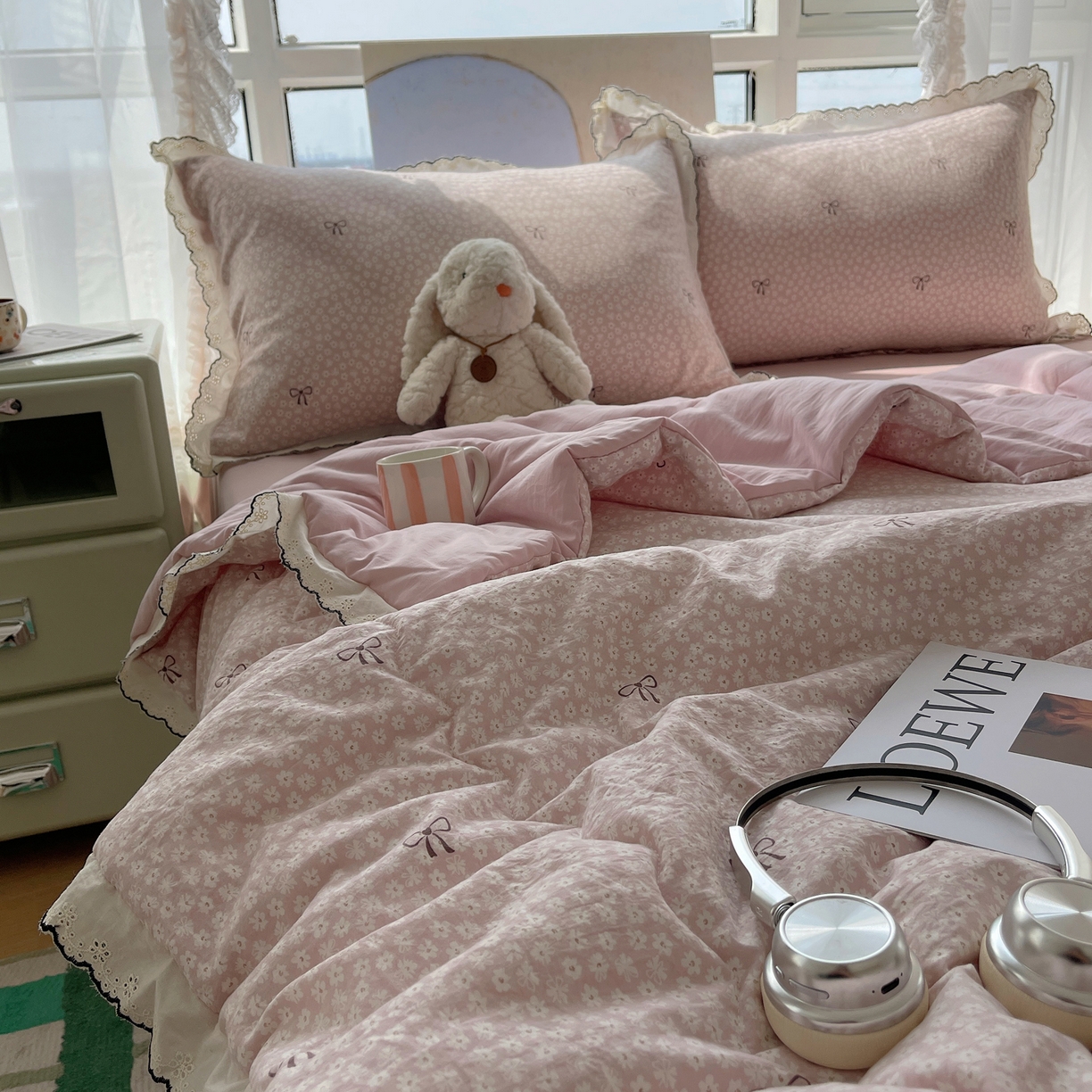 宝士康家纺 2026新款10A抗菌全棉黑色花边云朵棉单夏被/夏被四件套 云朵棉-粉樱蝴蝶结