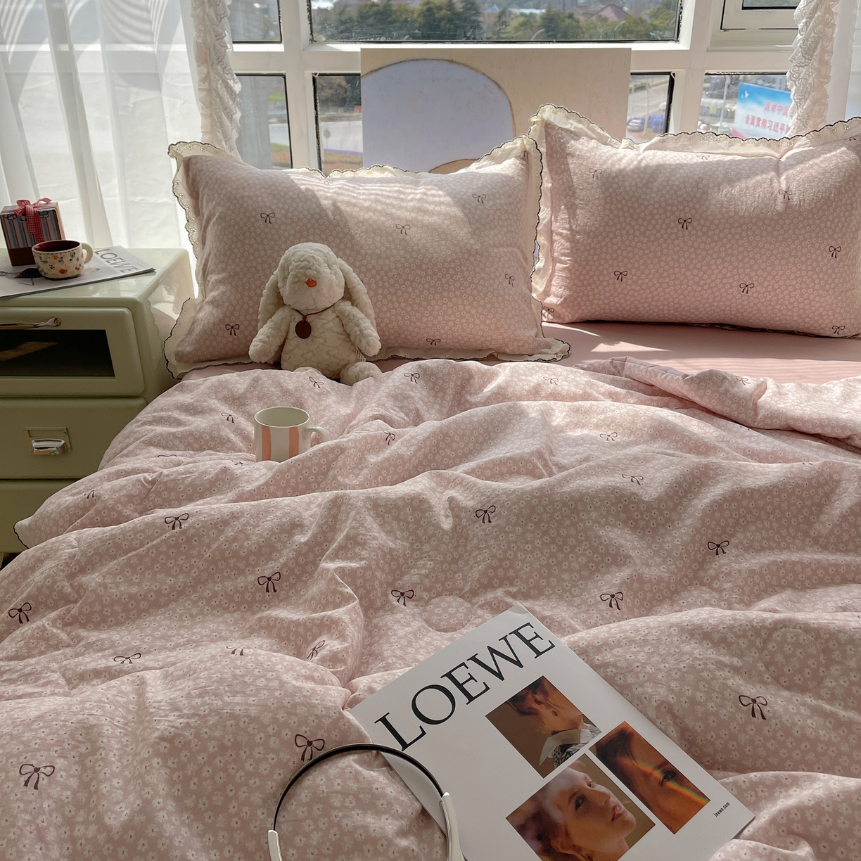 91家纺网 家纺一手货源 找家纺 宝士康家纺 2026新款10A抗菌全棉黑色花边云朵棉单夏被/夏被四件套 云朵棉-粉樱蝴蝶结