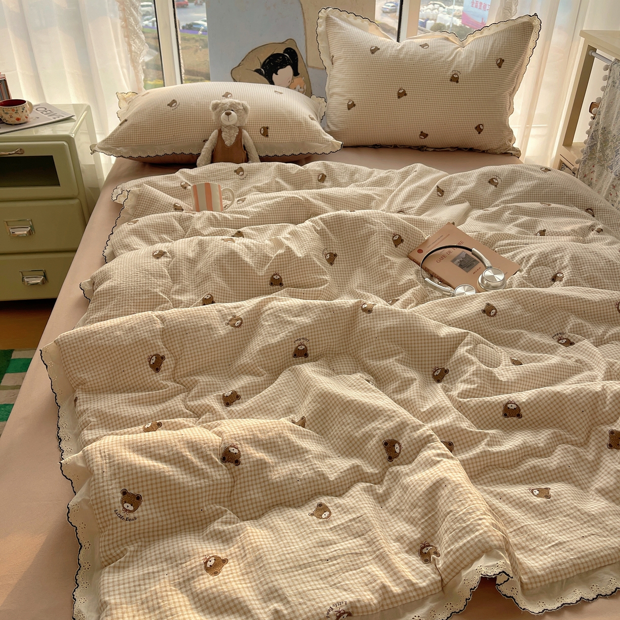 宝士康家纺 2026新款10A抗菌全棉黑色花边云朵棉单夏被/夏被四件套 云朵棉-格纹小熊