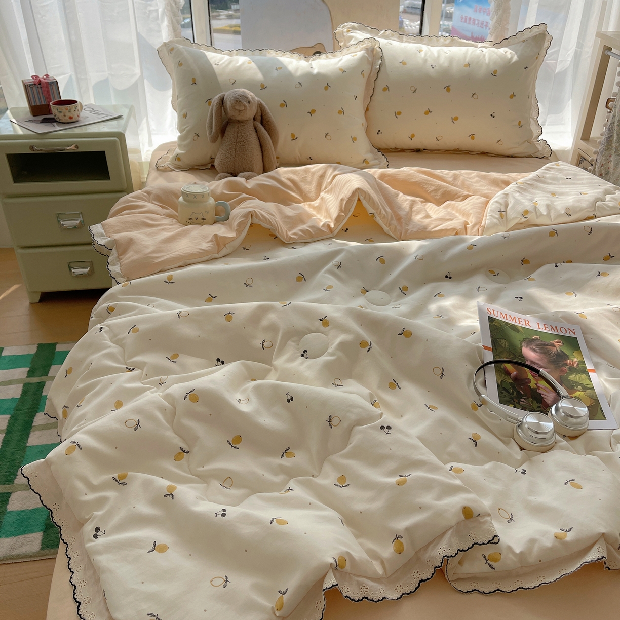 91家纺网 家纺一手货源 找家纺 宝士康家纺 2026新款10A抗菌全棉黑色花边云朵棉单夏被/夏被四件套 云朵棉-禾风果语