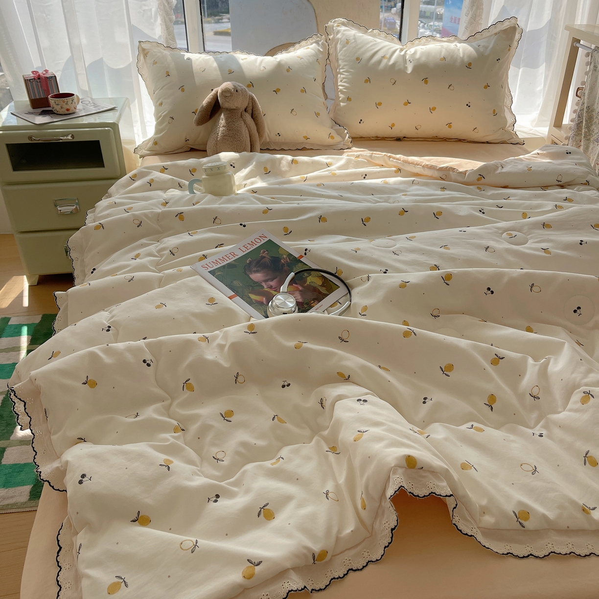 91家纺网 家纺一手货源 找家纺 宝士康家纺 2026新款10A抗菌全棉黑色花边云朵棉单夏被/夏被四件套 云朵棉-禾风果语