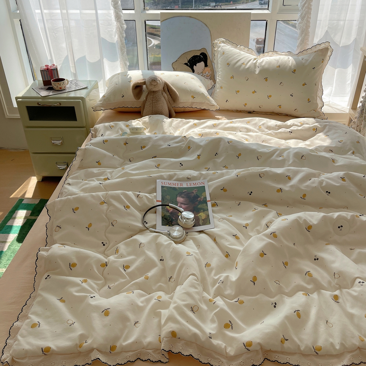 91家纺网 家纺一手货源 找家纺 宝士康家纺 2026新款10A抗菌全棉黑色花边云朵棉单夏被/夏被四件套 云朵棉-禾风果语