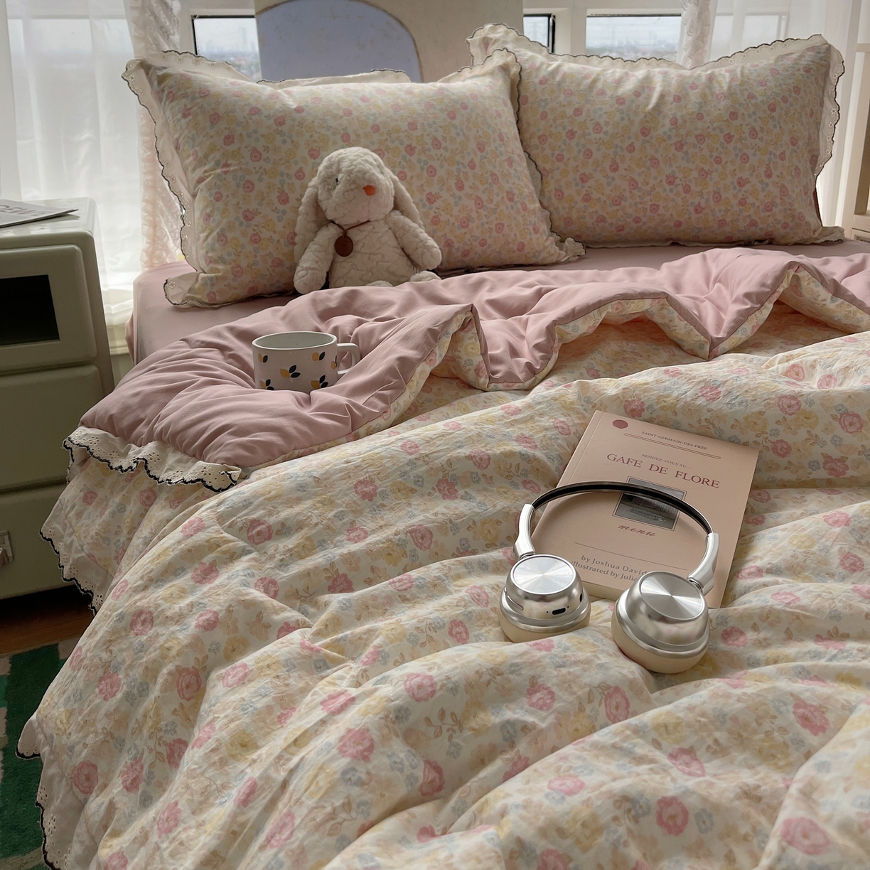 91家纺网 家纺一手货源 找家纺 宝士康家纺 2026新款10A抗菌全棉黑色花边云朵棉单夏被/夏被四件套 云朵棉-花团粉簇